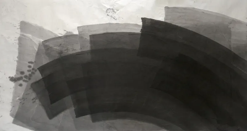 T_379: Wide sheet of broad grey and black curved bands sweeping from lower left to upper right, darkest at lower right, dot cluster at left.