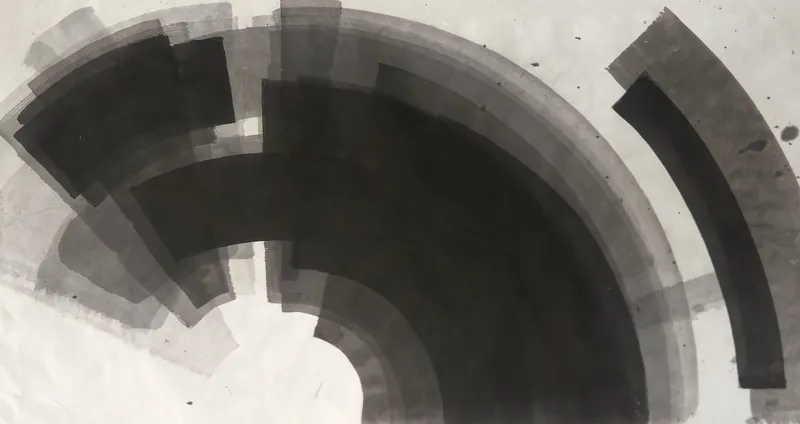 T_383: Broad black and grey concentric arcs curve from upper left down to bottom centre around a white half-circle, with a separate grey arc at right.