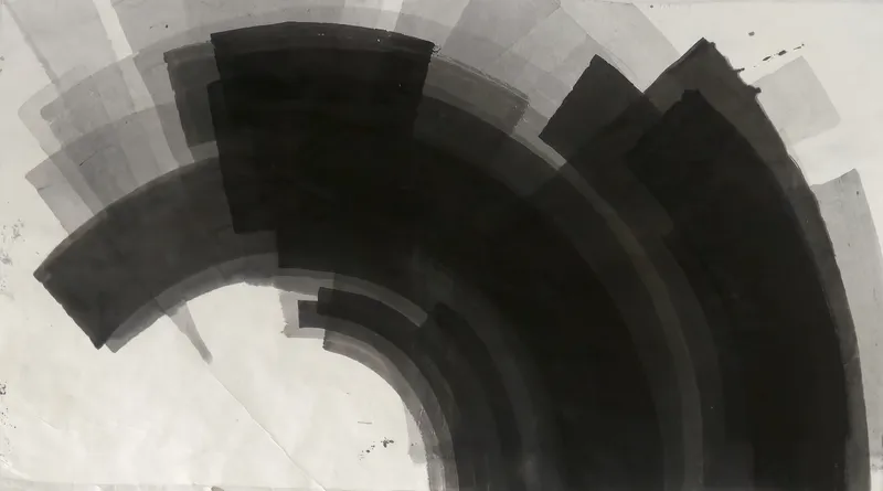 T_384: Black concentric arc bands sweep from the left edge over the top to the bottom right; pale grey fans upper left; white paper lower left.