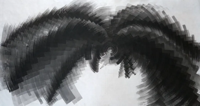 T_390: Stepped black and grey brushstrokes spiral from a small centre across wide white paper, darkest at right, with white below centre and in top corners.
