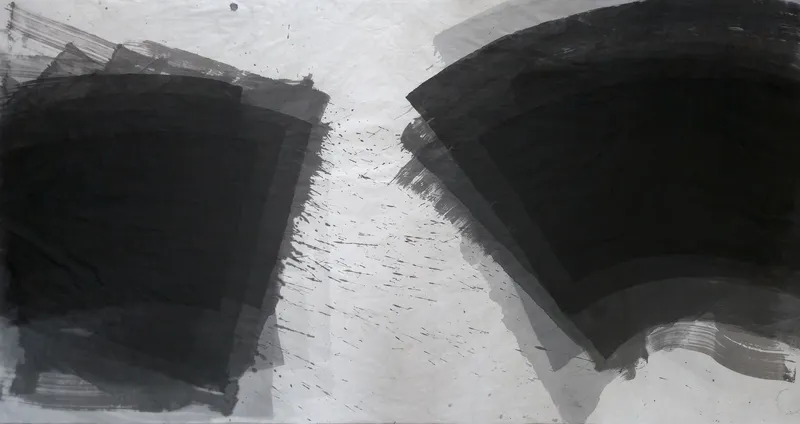 T_391: Two black ink masses, a square block at left and a curved fan at upper right, face each other across pale paper streaked with spatter.