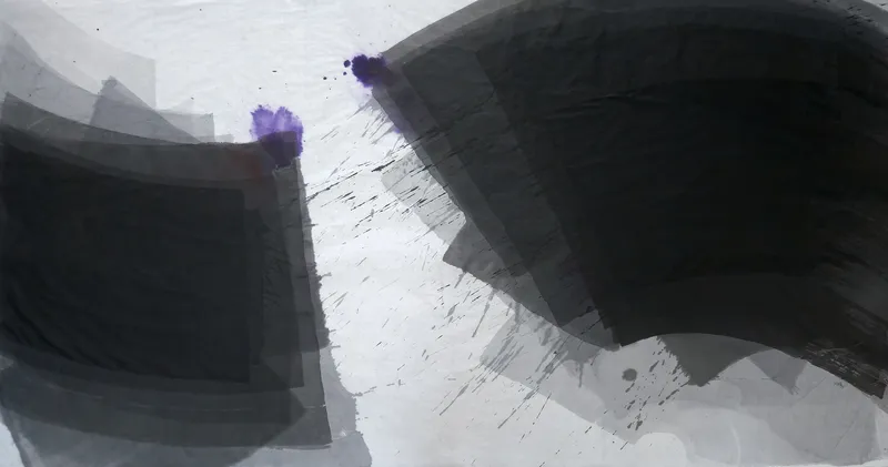 T_392: Two large layered black and grey masses, a square at left and a rising fan at right, split by white paper, spatter and violet drops.