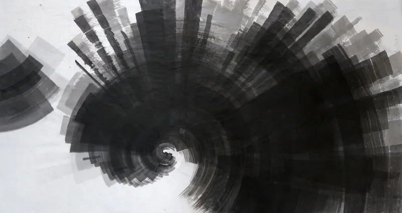 T_395: A large black spiral of radiating grey brush bands fills centre and right, with a smaller grey fan at left, on white paper.