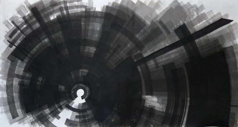 T_396: Black and grey brush bands spiral around a small white circle left of centre, with a dark rectangle at right and pale paper at the corners.