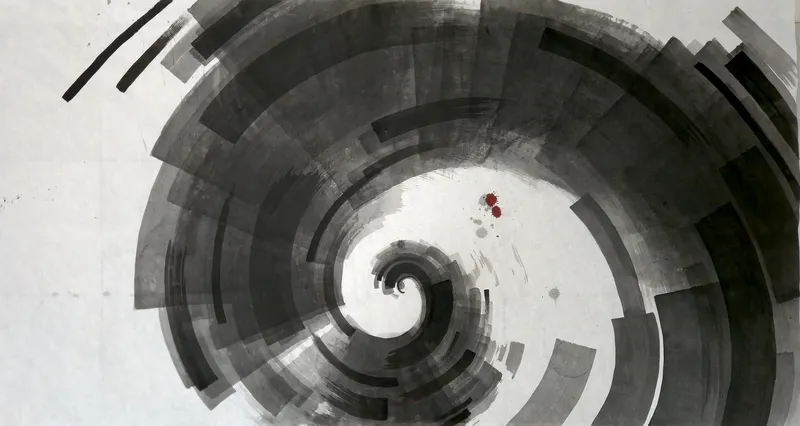 T_397: Broad grey and black curved bands form a large spiral winding into a small coil, with two red drops and open paper left.