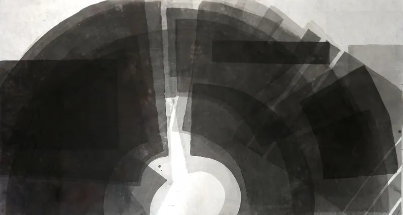T_399: Dark overlapping ink shapes form a dome: a heavy black rectangle at left, fanned grey arcs at right, around a white circle at bottom centre.