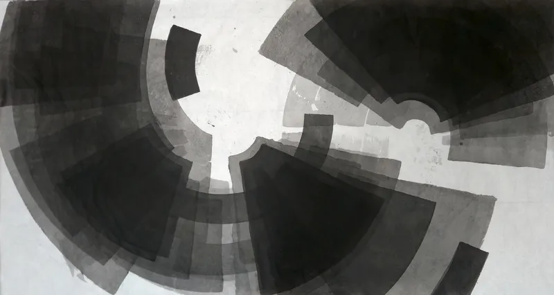 T_401: Wide sheet of overlapping grey and black arc bands and fan wedges circling an irregular white centre, a small black block at lower right.
