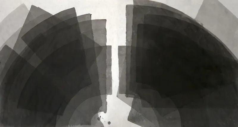 T_402: Two fan-shaped masses of overlapping grey bands rise from the bottom edge, separated by a narrow white vertical gap; the right mass is darker.