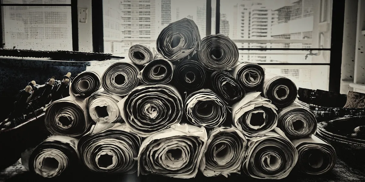 A pyramid of rolled ink paintings on the studio table, their spiralled ends facing the camera, with the towers of Bangkok behind the window