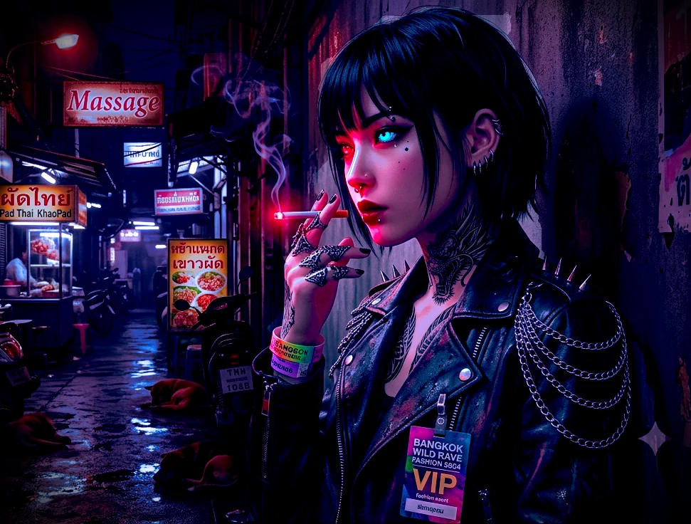 Neon in a Bangkok alley at night: short black hair, a red left eye and a blue right eye, a dragon tattoo on her throat, a studded leather jacket, a lit cigarette