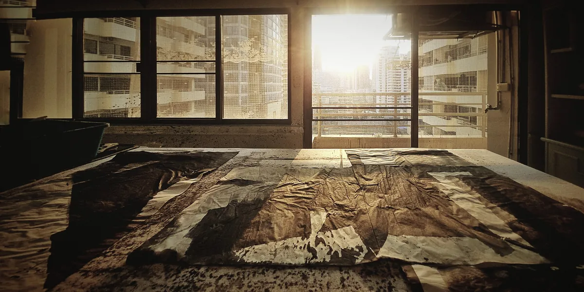 Morning sun through the studio windows across the felt table, a large ink painting lying on it, the Bangkok skyline beyond the balcony